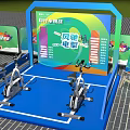 Bike Challenge Event With Stationary Bikes On Blue Stage And Colorful Screen