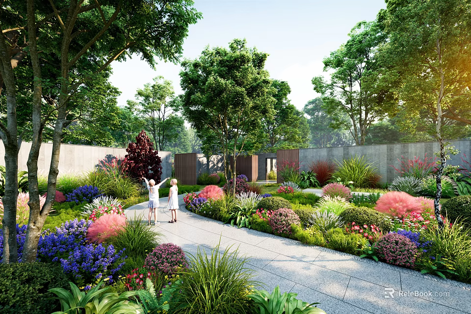 Elegant Courtyard Garden With Lush Greenery Colorful Blooms Stone Path And People Enjoying The View 3d model 
