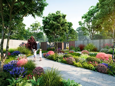 Elegant Courtyard Garden With Lush Greenery Colorful Blooms Stone Path And People Enjoying The View 3d model