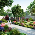 Elegant Courtyard Garden With Lush Greenery Colorful Blooms Stone Path And People Enjoying The View