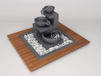 Garden Ornament With Stone Multi Tiered Bowls Water Flowing And Pebbles On Wooden Platform 3d model