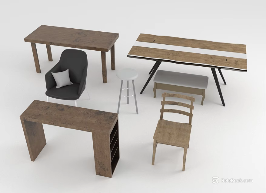 Rustic Table And Chair Set With Wooden Desks Black Chairs White Stool And Bench 3d model 