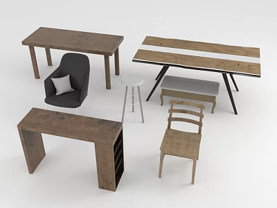 Rustic Table And Chair Set With Wooden Desks Black Chairs White Stool And Bench 3d model