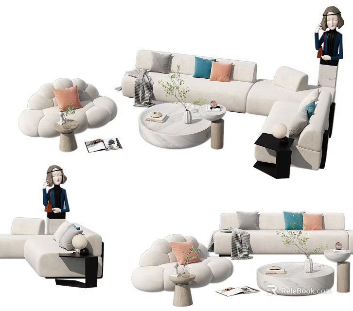 Elegant Modern Sofa and Coffee Table Set With Decorative Cushions Round Table and Green Plant 3d model