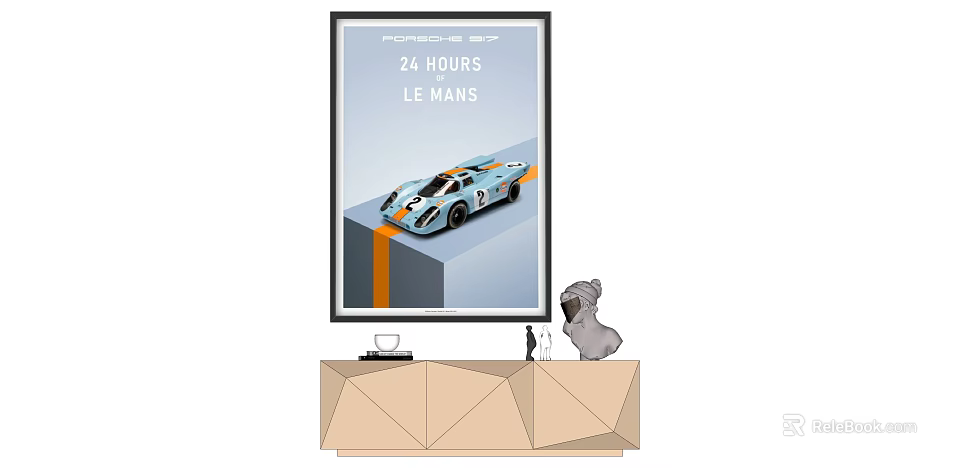 Porsche 917 24 Hours Le Mans Poster With Decorative Figurine On Console Table 3d model 