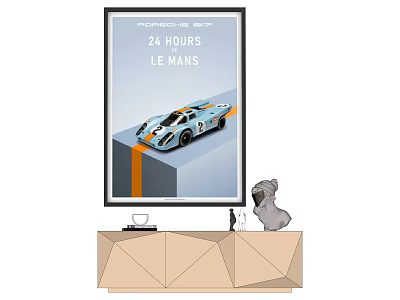 Porsche 917 24 Hours Le Mans Poster With Decorative Figurine On Console Table 3d model
