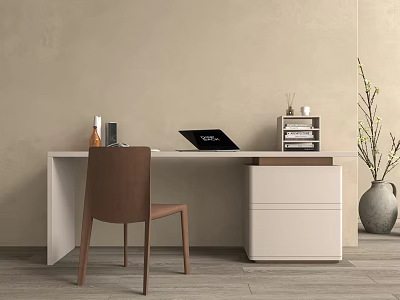 Modern Desk Interior with Brown Chair Laptop Books Cabinet Plant in Vase and Beige Wall 3d model