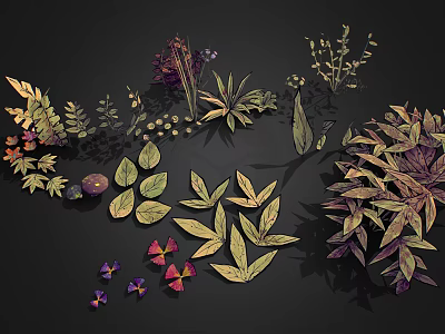Various Plant Leaves Flowers And Small Fruits Illustration On Black Background 3d model