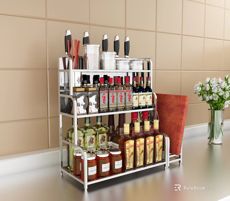 Stainless Steel Kitchen Storage Shelf Organizing Knives Spice Bottles And Jars 3d model 