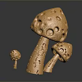 Three Decorative Golden Mushrooms with Textured Surface and Holes on Dark Background