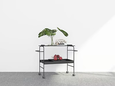 Black Two Tiered Rolling Cart With Monstera Plant Decorative Items And Red Fruits 3d model