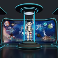Space Themed Exhibition Booth with Astronaut Model Transparent Display and Background Screens with Planet Elements