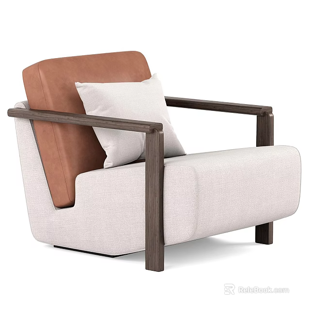 Beige Fabric Accent Chair With Brown Leather Backrest Dark Wooden Armrests And White Cushion 3d model 