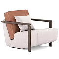 Beige Fabric Accent Chair With Brown Leather Backrest Dark Wooden Armrests And White Cushion