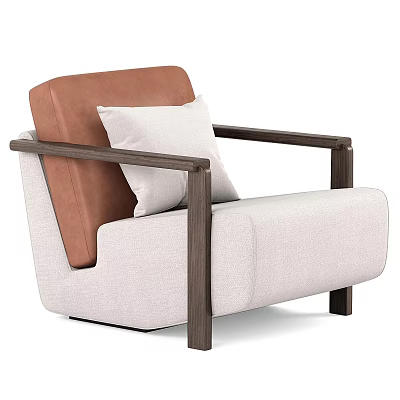 Beige Fabric Accent Chair With Brown Leather Backrest Dark Wooden Armrests And White Cushion 3d model