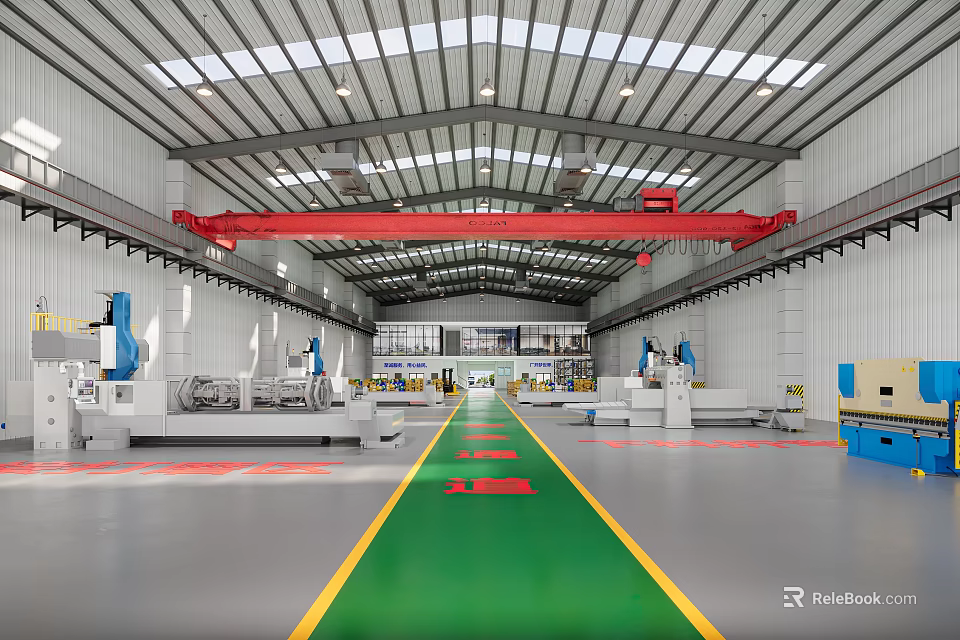 Industrial Factory Workshop With Machinery Equipment Green Yellow Pathway And Red Overhead Crane 3d model 