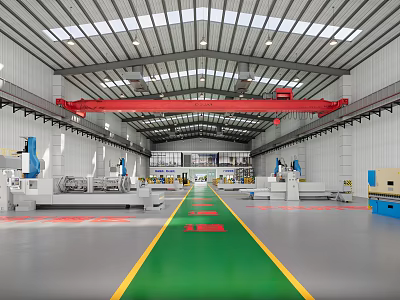 Industrial Factory Workshop With Machinery Equipment Green Yellow Pathway And Red Overhead Crane 3d model