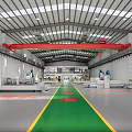 Industrial Factory Workshop With Machinery Equipment Green Yellow Pathway And Red Overhead Crane