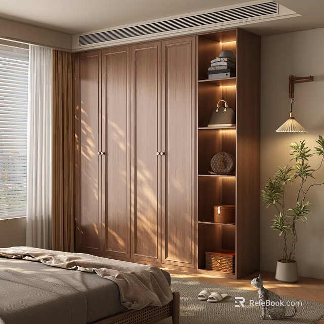Elegant Wooden Wardrobe in Bedroom with Shelves Lights and Green Plant Interior 3d model 