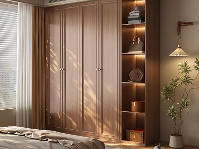 Elegant Wooden Wardrobe in Bedroom with Shelves Lights and Green Plant Interior 3d model