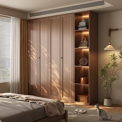 Elegant Wooden Wardrobe in Bedroom with Shelves Lights and Green Plant Interior 3d model