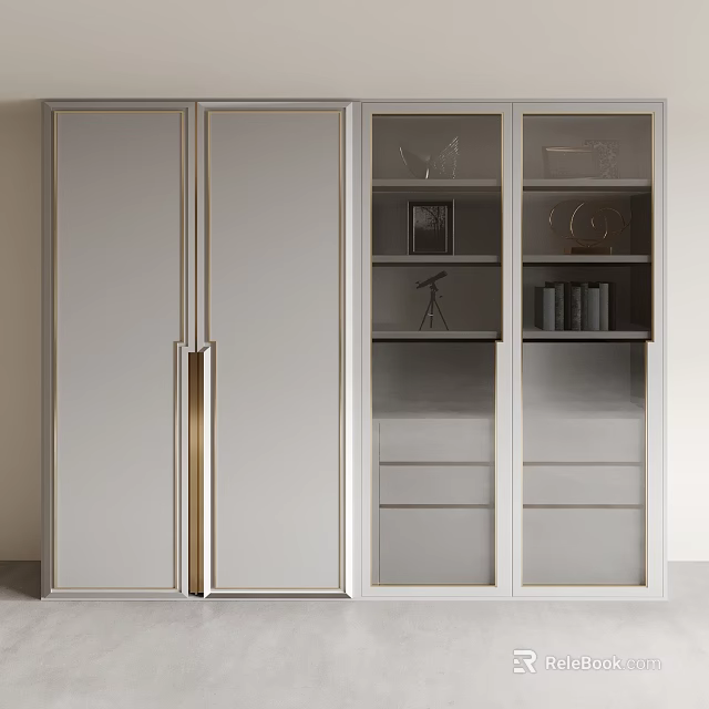 Modern White Storage Cabinet With Gold Handles Glass Doors And Display Shelves For Interior Decor 3d model 