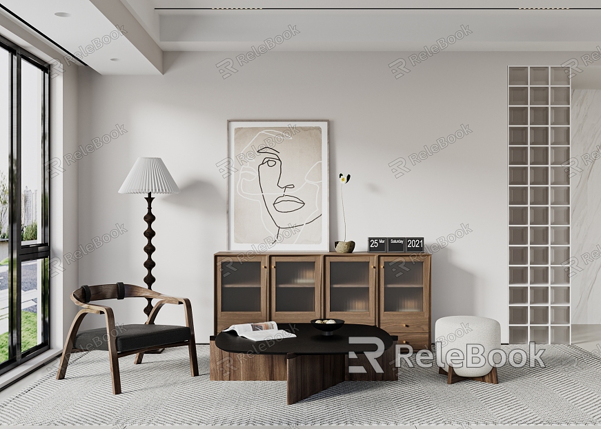 Quiet Style Leisure Room Leisure Chair Coffee Table Combination Dining Cabinet Low Cabinet Abstract Decorative Painting Hanging Painting Floor Lamp model