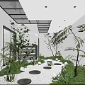 Modern Courtyard Garden with Glass Skylight Circular Stone Stepping Stones Green Plants and Lantern Lights