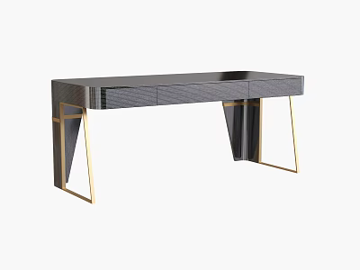 Modern Dark Gray Desk With Gold Metal Legs And Drawer Design 3d model