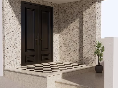 Black Double Door Entrance With Checkered Floor Speckled Wall And Green Plant 3d model