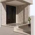 Black Double Door Entrance With Checkered Floor Speckled Wall And Green Plant