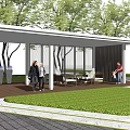 Modern Pergola With Trees Leisure Area Sofas People Gathering And Lawn