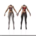 Futuristic Body Suits In Silver And Black With Red Accents On Mannequins