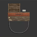 Wooden Waterfront Stall With Red Roof Fish Sign Lifebuoy And Stone Pond