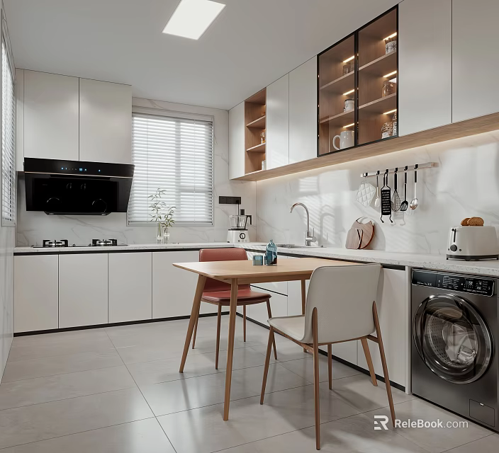 Modern Open Concept Kitchen Interior With White Cabinets Dining Table And Appliances 3d model