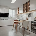 Modern Open Concept Kitchen Interior With White Cabinets Dining Table And Appliances 3d model