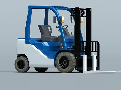 Blue And White Industrial Forklift Vehicle With Cabin And Black Forks For Material Handling 3d model