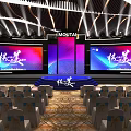 Modern Stage Design With Blue Circular Platform Steps Large Screens Colorful Graphics And Ceiling Lighting