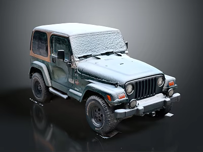 Vintage Green Jeep With Snow Covered Roof And Brown Soft Top 3d model