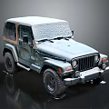Vintage Green Jeep With Snow Covered Roof And Brown Soft Top
