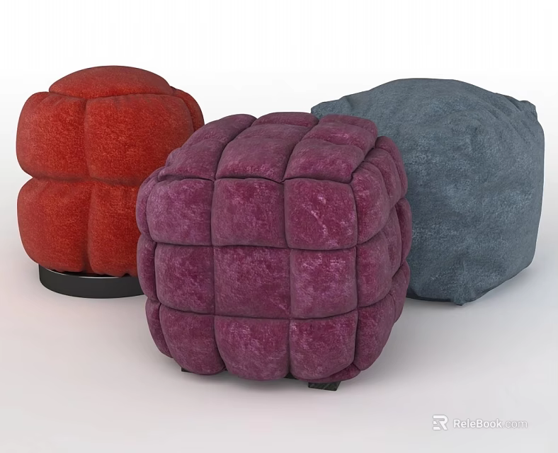 Colorful Tufted Ottoman Poufs in Red Purple and Gray Modern Living Room Seating 3d model 