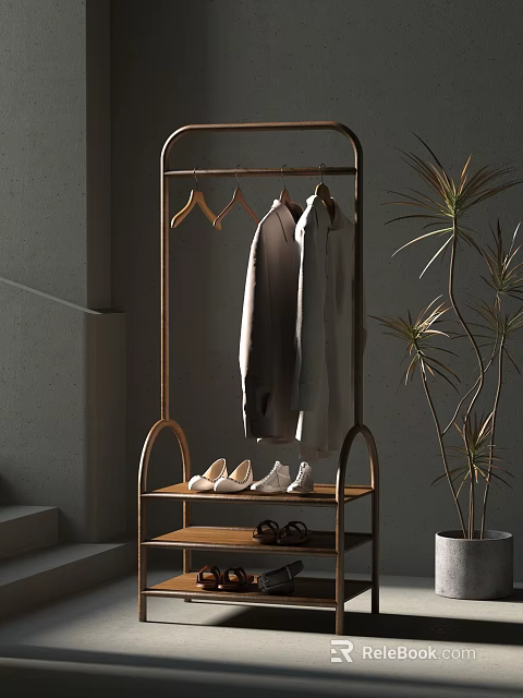 Minimalist Clothes Rack With Hanging Clothes Lower Shelf Shoes And Potted Plant 3d model 