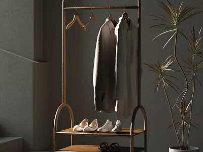 Minimalist Clothes Rack With Hanging Clothes Lower Shelf Shoes And Potted Plant 3d model