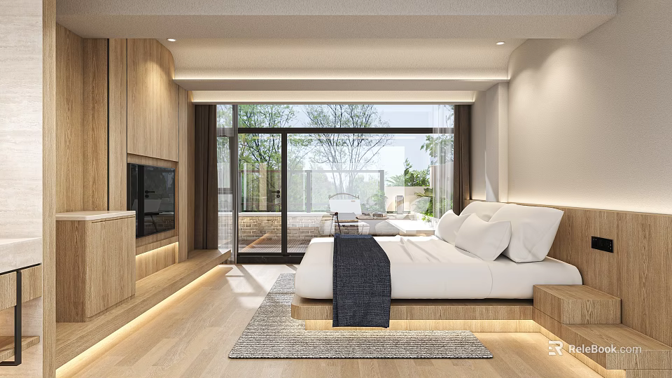 Modern Hotel Room Interior Featuring Wooden Accents Large Bed And Floor To Ceiling Windows With Terrace View 3d model 