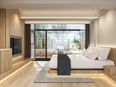 Modern Hotel Room Interior Featuring Wooden Accents Large Bed And Floor To Ceiling Windows With Terrace View 3d model