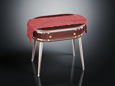 Elegant Oval Decorative Table With Red Polka Dot Cloth Golden Knobs And Silver Legs 3d model