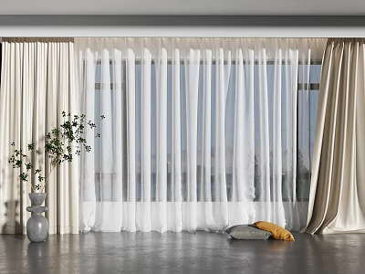 Modern Interior With Sheer Curtains And Beige Drapes By Large Window 3d model