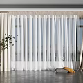Modern Interior With Sheer Curtains And Beige Drapes By Large Window