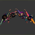 Four People In Colorful Neon Outfits With Arms Outstretched On Reflective Floor Gray Background