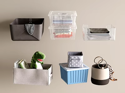 Various Storage Baskets in Fabric and Plastic for Home Organizing Clothes Books and Accessories 3d model